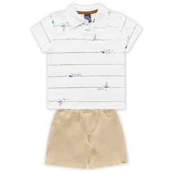 Conjunto camisa polo branca estampada e bermuda sa... - Novelinhos Moda Infantil