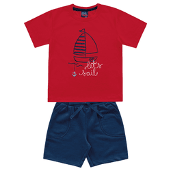 Conjunto camiseta vermelha barco e bermuda azul ma... - Novelinhos Moda Infantil