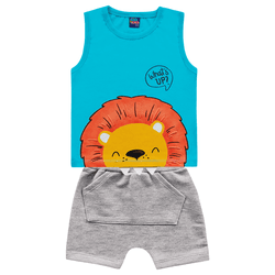 Conjunto regata azul leão e bermuda cinza mescla K... - Novelinhos Moda Infantil