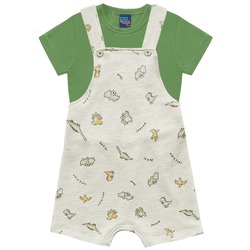 Jardineira bebê mescla dinossauro e camiseta verde... - Novelinhos Moda Infantil