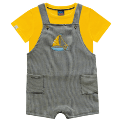 Jardineira bebê listras barco e camiseta amarela K... - Novelinhos Moda Infantil
