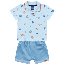 Conjunto bebê camisa polo azul dinossauro e bermud... - Novelinhos Moda Infantil
