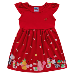 Vestido bebê vermelho frutinhas e bichinhos Kiko e... - Novelinhos Moda Infantil