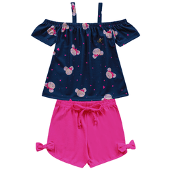 Conjunto blusa azul marinho ratinhas e short rosa ... - Novelinhos Moda Infantil