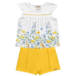 Conjunto blusa branca floral e short amarelo Kiko ... - Novelinhos Moda Infantil