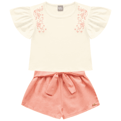 Conjunto blusa off white e short laço coral Kiko e... - Novelinhos Moda Infantil