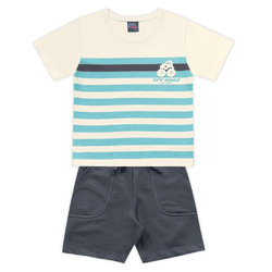 Conjunto camiseta off white listras e bermuda cinz... - Novelinhos Moda Infantil