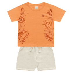 Conjunto camiseta laranja folhagem e bermuda bege ... - Novelinhos Moda Infantil
