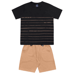 Conjunto camiseta preta estampada e bermuda bege K... - Novelinhos Moda Infantil