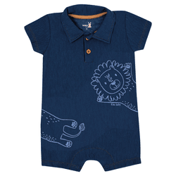 Romper polo bebê azul indigo leãozinho Kiko Baby -... - Novelinhos Moda Infantil