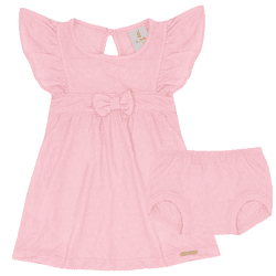 Vestido bebê laço e tapa fralda malha jacquard ros... - Novelinhos Moda Infantil