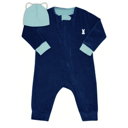 Macacão plush azul marinho e touca azul claro ursi... - Novelinhos Moda Infantil