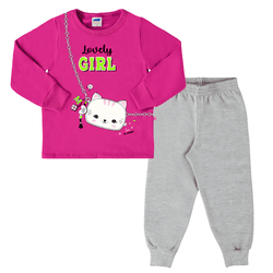 Conjunto moletom blusa pink gatinha e calça mescla... - Novelinhos Moda Infantil