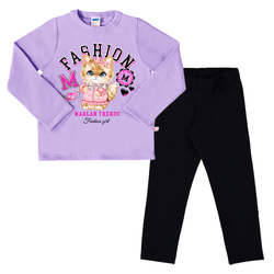 Conjunto blusão moletom lilás gatinha e legging pe... - Novelinhos Moda Infantil