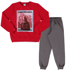 Conjunto moletom vermelho estampado e calça cinza ... - Novelinhos Moda Infantil