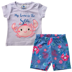 Conjunto bebê blusa branca e short ciclista azul f... - Novelinhos Moda Infantil