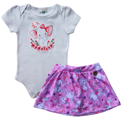 Conjunto bebê body branco e saia rosa elefantinho ... - Novelinhos Moda Infantil