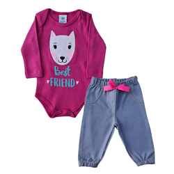 Conjunto bebê body rosa estampado e calça tipo jea... - Novelinhos Moda Infantil