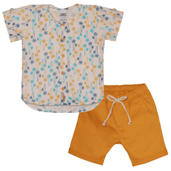 Conjunto camisa linho off white estampada e bermud... - Novelinhos Moda Infantil