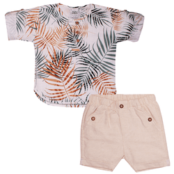 Conjunto camisa off white folhagem e bermuda linho... - Novelinhos Moda Infantil