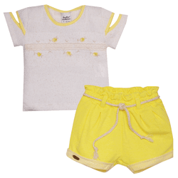 Conjunto bebê blusa natural flores e short amarelo... - Novelinhos Moda Infantil