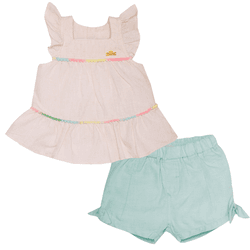 Conjunto bata natural arco íris e short verde acqu... - Novelinhos Moda Infantil