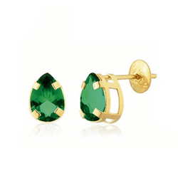 Brinco Gota em Ouro 18K - Ponto de Luz Verde - OV/... - Ouro Vale Joias