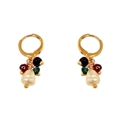 Brinco Argola Click Cacho Pedra Natural Jade, Rubelita, Safira e Pérola Cultivada Banho de Ouro 18K