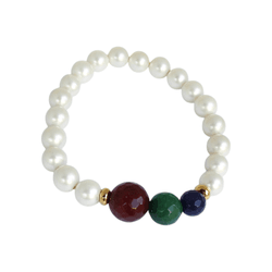 Pulseira Pérolas Shell E Pedras Naturais Jade Safira, Verde Esmeralda e Rubelita Banho de Ouro 18K