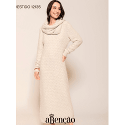 Vestido Longo em Fio Pluma c/ Gola Abenção Bege - ... - STILOMOR