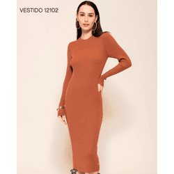 Vestido de Malha Midi Canelado Marrom Médio Abençã... - STILOMOR