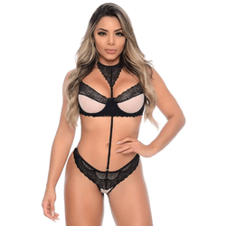 CONJUNTO HOT TULE COM RENDA PRETO - 03056 - YESSEXSHOP