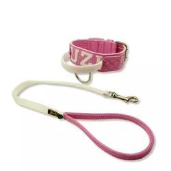 Coleira Para Cachorro Com Alça Personalizada (rosa e branco) + Guia 80cm - pod.p.20.3_g.3.20 - Amorosso