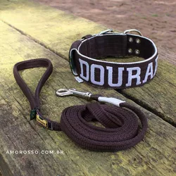 Coleira Para Cachorro Personalizada + Guia Longa 1,80m (marrom e branco) - 4001-012-007-P-6201-0.80 - Amorosso