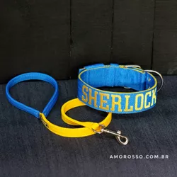 Coleira Para Cachorro Personalizada + Guia Curta 80cm (azul e amarelo) - 4001-003-001-6201-0.80-CG - Amorosso