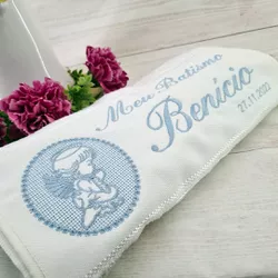 Toalha Bordada Meu Batismo - Anjo Azul - 29546 - Betânia Loja Catolica 
