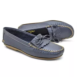 Mocassim Feminino Marinho Couro Conforto Casual Ortopédico