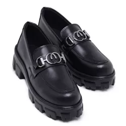 Mocassim Feminino Preto Couro Confort Sola Tratorada Moderno Strak