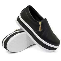 Slip On Feminino Ziper Lateral Couro legitimo Preto - DK Shoes | Tênis Casuais Femininos