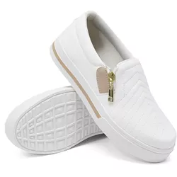 Slip On Feminina Zíper Sola Baixo Dk Shoes Branco Rose - DK Shoes | Tênis Casuais Femininos