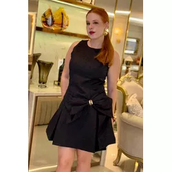 Vestido de jacquard dourado - 17652 - preto - Dominique por Fátima Abrahão | Elegante e atemporal