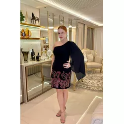 Vestido com tule bordado - 17662 - preto - Dominique por Fátima Abrahão | Elegante e atemporal