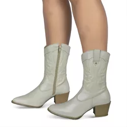 Bota Feminina Western Couro Legítimo Off-White Salto Bloco Texana 8805 - Flor de Couro | Sandálias e Botas Femininas