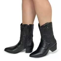 Bota Feminina Western Couro Legítimo Preto Salto Bloco Texana 8805 - Flor de Couro | Sandálias e Botas Femininas