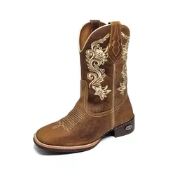 Bota Texana Country Feminina Cano Médio Couro Bord... - GH CALÇADOS