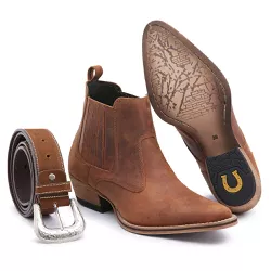 Kit Bota Masculina Couro Rustico + Cinto Country - GH CALÇADOS