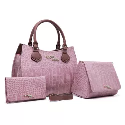 Kit 3 Peças Bolsa Tote Media + Bolsa Transversal + Carteira Croco Rosa - Gouveia Costa - 030 - GOUVEIA COSTA