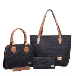 Kit 3 Peças Bolsa Tote Media + Bolsa Saco + Carteira Preta - Gouveia Costa - 291 - GOUVEIA COSTA