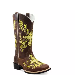 Bota Texana Feminina Bordado Cruz Amarela Couro Ta... - JM Country