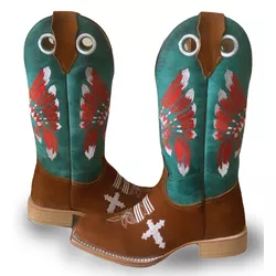 Bota Texana Carrapeta Couro Mustang Verde e Nobuck... - JM Country